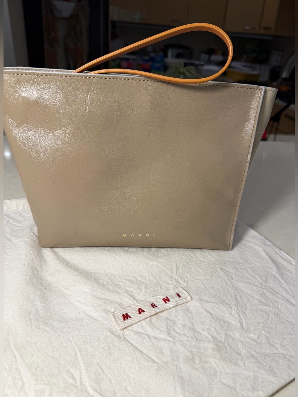 Marni East-West Museo Leather Wristlet Clutch Moonstone Tan Loop Handle Dust Bag - Picture 4 of 9